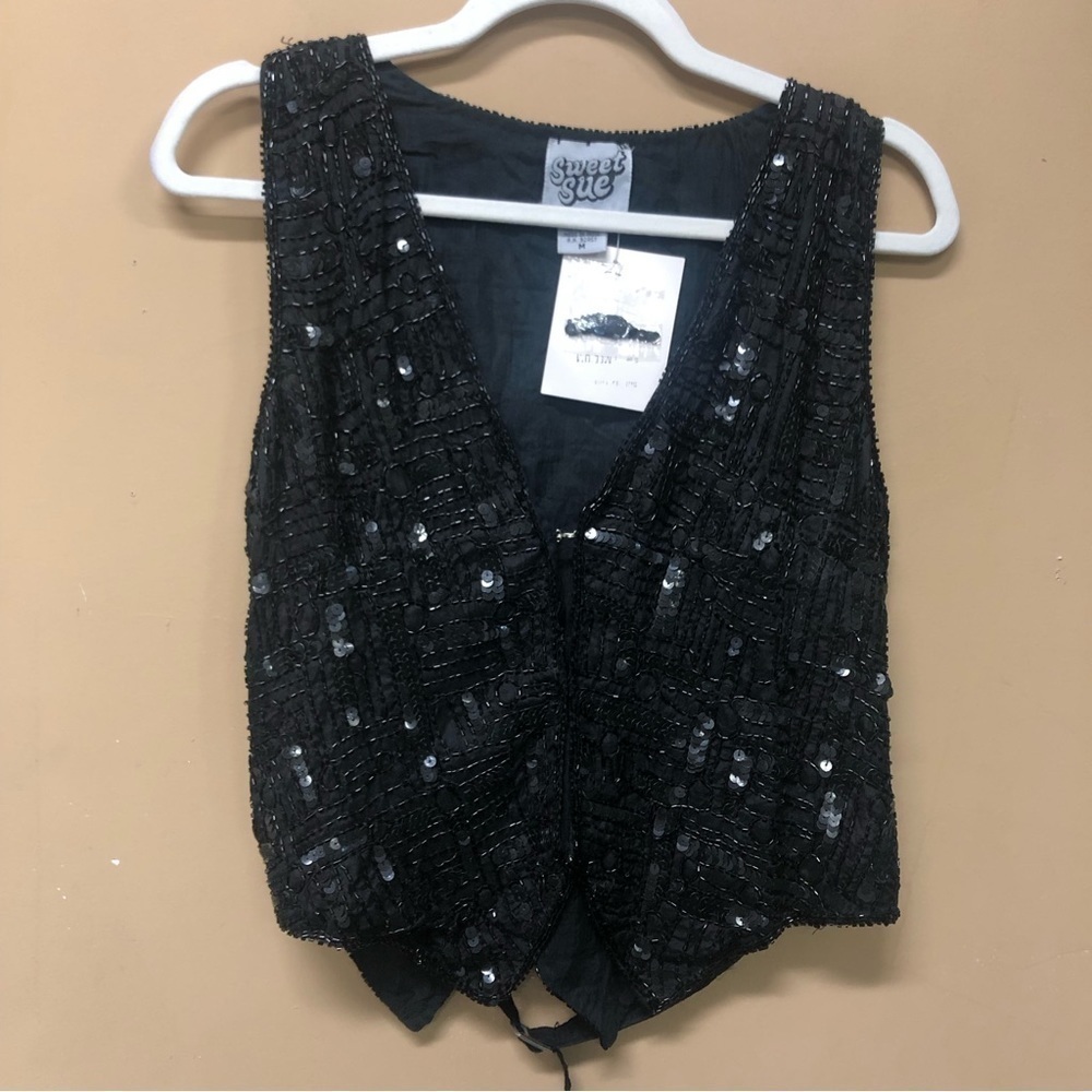 Vintage Sweet Sue Black Silk Beaded Vest Top Size M NWT